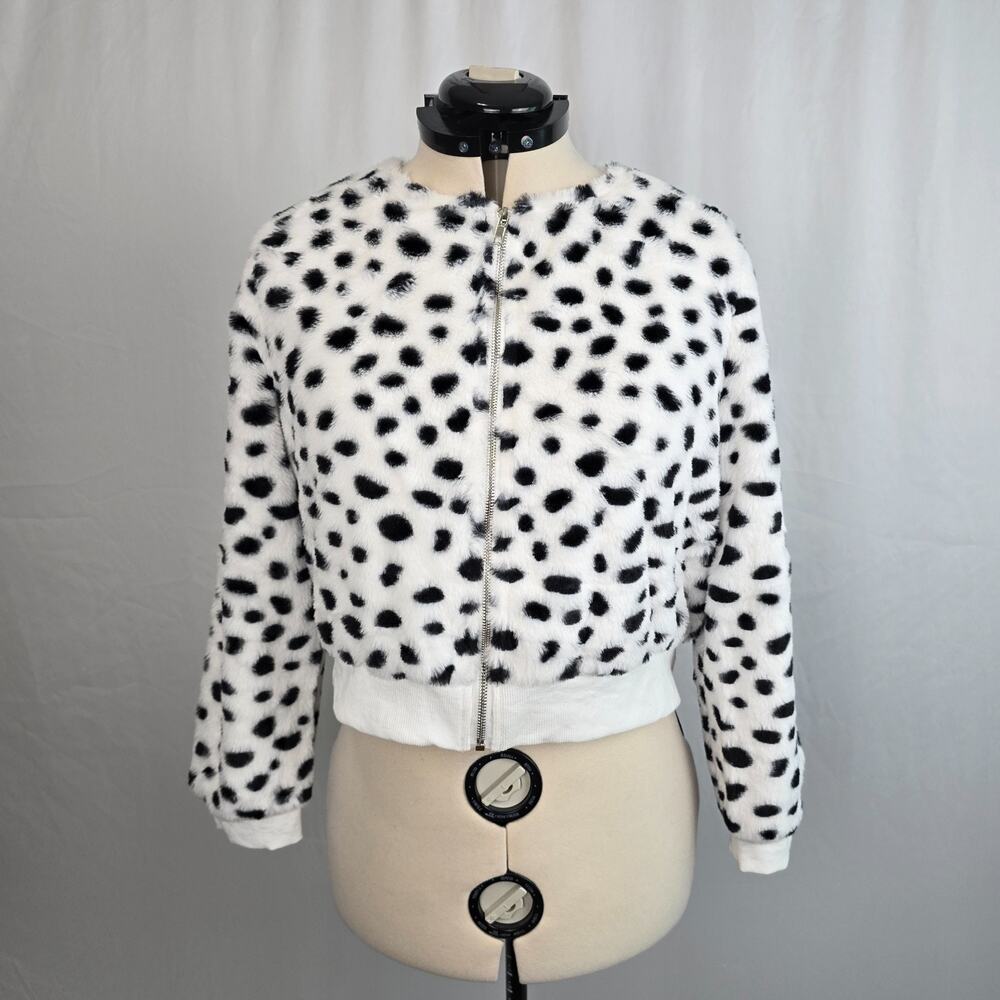Cropped Super Soft Zip Up Jacket Women's L  Animal Print White Black  NWOT